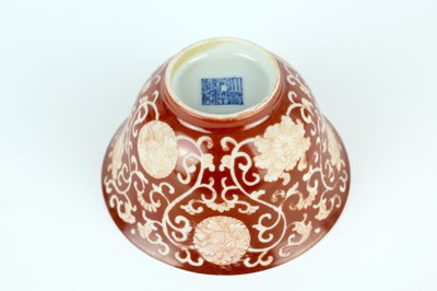 Lot 83 - A pair of Chinese coral-red ground ‘lotus’...