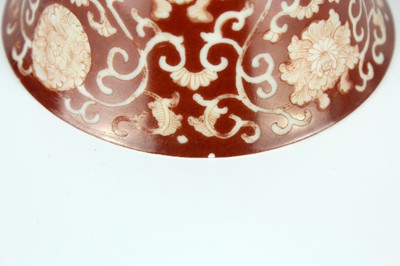 Lot 83 - A pair of Chinese coral-red ground ‘lotus’...