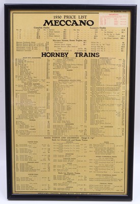Lot 2061 - Meccano 1930 framed price list, black text on...
