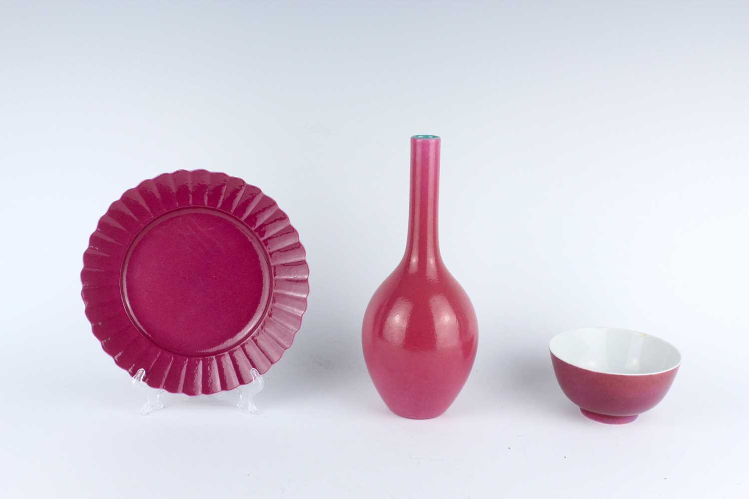 Lot 85 - Three Chinese ruby-pink enameled vessels, 19th...