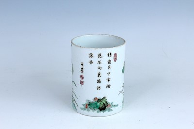 Lot 183 - A Chinese famille verte brush pot, Qing...