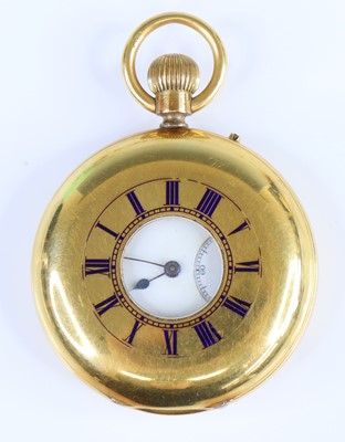 Lot 2714 - An 18ct yellow gold half hunter keyless pocket...