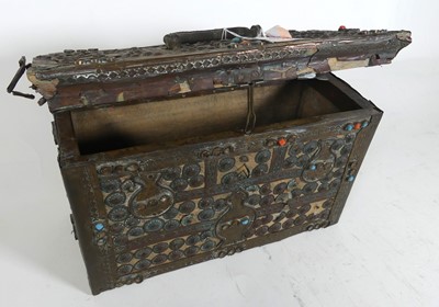 Lot 111 - A copper mounted Tibetan casket, with appliued...