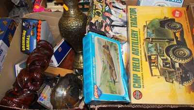 Lot 1558 - Two boxes of mixed plastic kits, brass ware,...