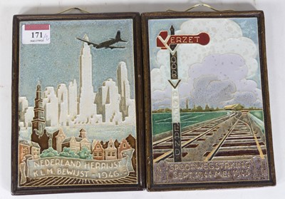 Lot 171 - A pair of Dutch Delft tiles, one marked...