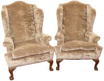 Lot 1280 - A pair of walnut framed and fabric upholstered...