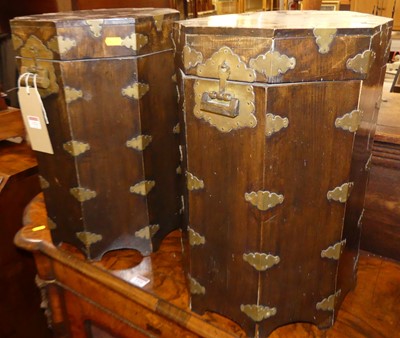 Lot 1323 - A pair of Eastern stained elm and brass bound...