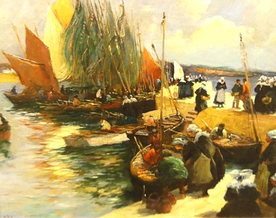 Lot 1045 - R. Johnson - Continental harbour scene, oil on...