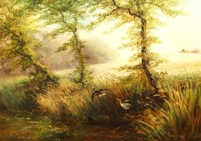 Lot 1052 - L. Roberts - Landscape with ducks in flight,...