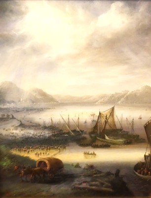 Lot 1022 - Reproduction oil on panel of a moonlit harbour...