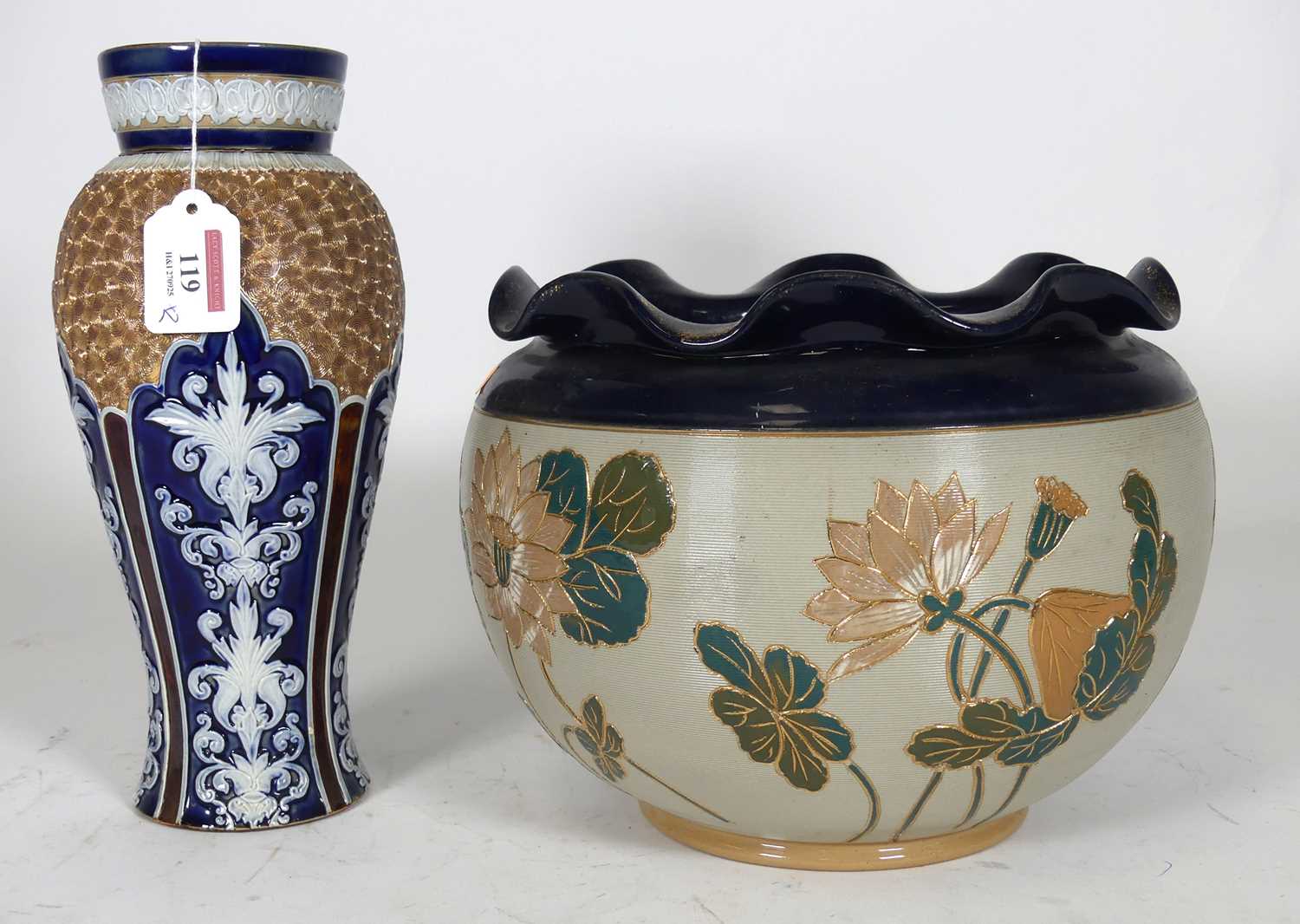Lot 119 - A Royal Doulton Lambeth vase, having blue...