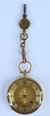 Lot 2650 - An 18ct gold key wind open face fob watch with...