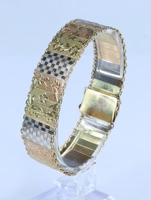 Lot 2750 - A 14ct three colour gold flat link bracelet...