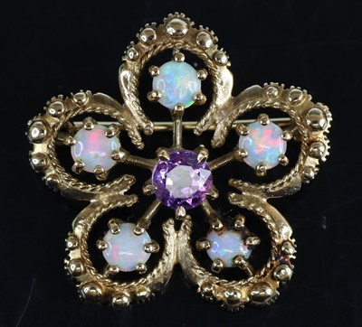 Lot 2655 - An 9ct yellow gold amethyst and opal 5 petal...