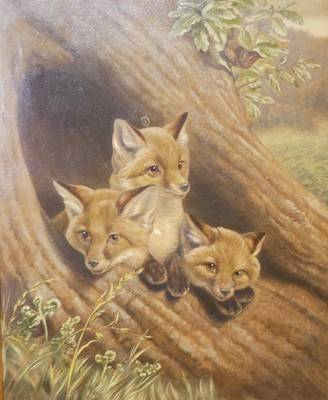 Lot 1017 - A 20th Century Oleograph of three fox cubs in...
