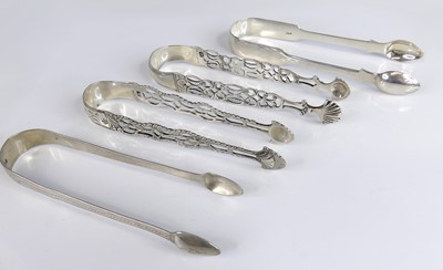 Lot 2131 - Four pairs of 19th century silver sugar tongs,...