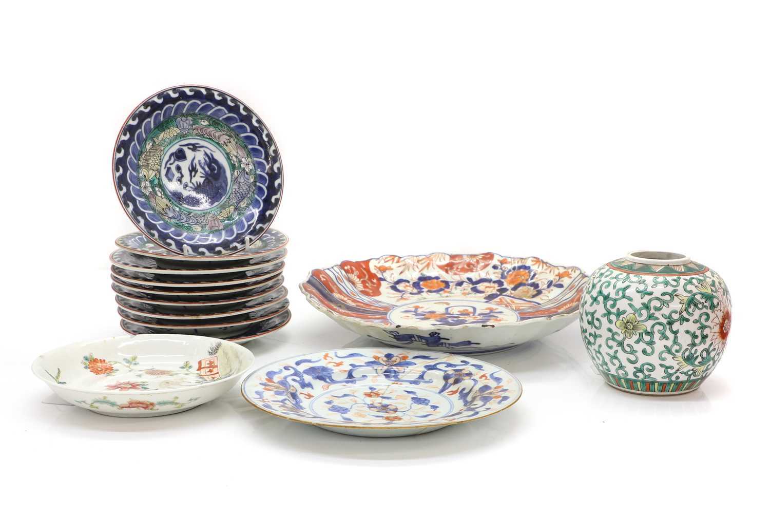 Lot 61 - A collection of nine Japanese polychrome...