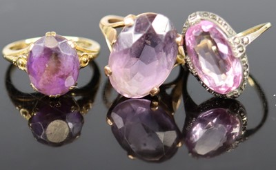 Lot 341 - A 9ct gold amethyst set dress ring, size L;...