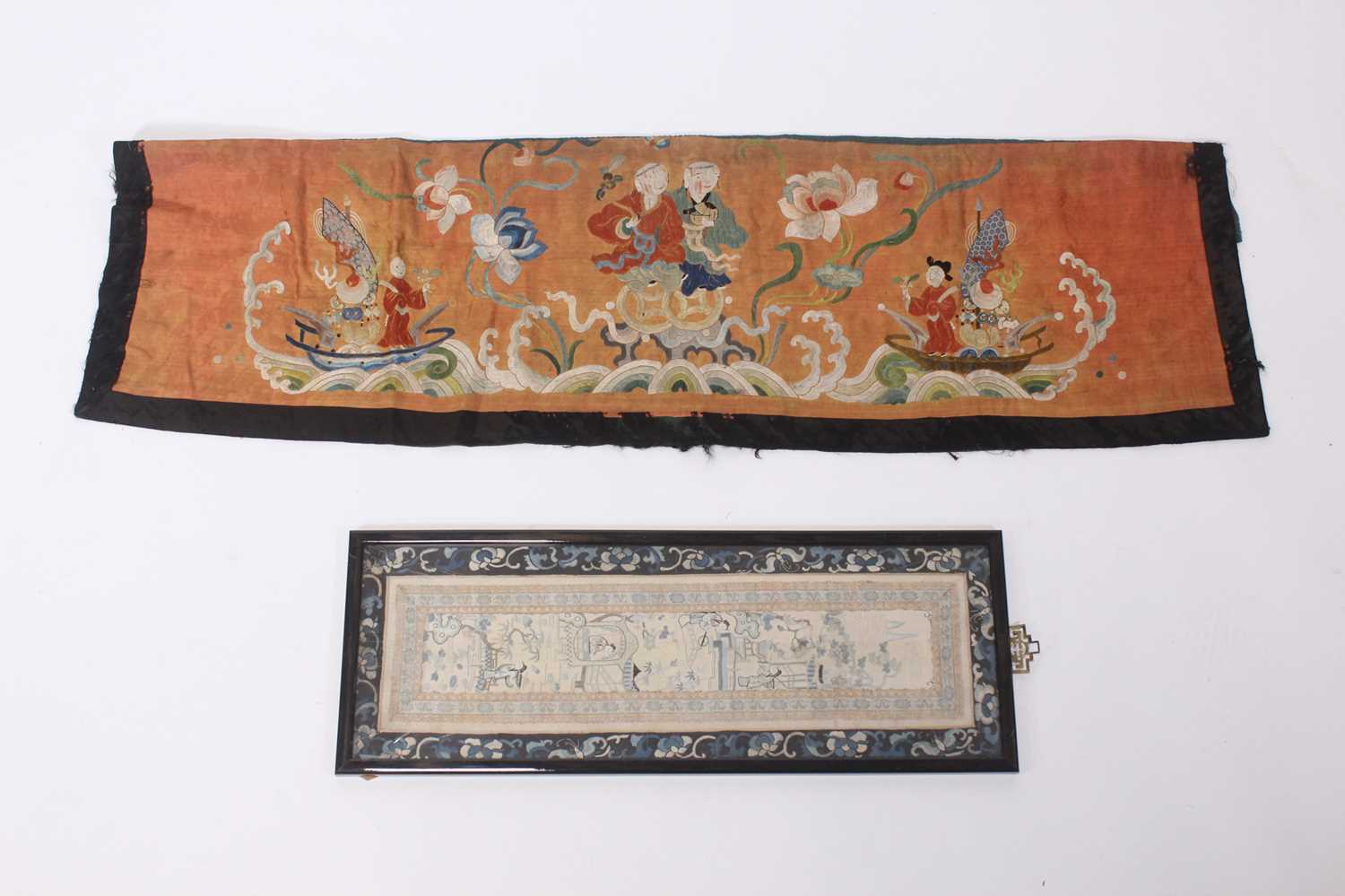 Lot 140 - Three Chinese silk embroidered panels, late...