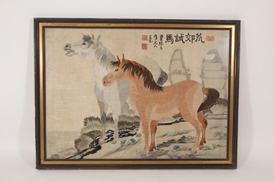 Lot 138 - A Chinese embroidered picture of two horses,...