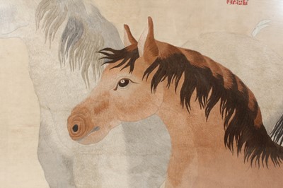 Lot 138 - A Chinese embroidered picture of two horses,...