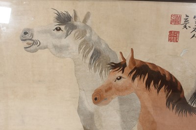 Lot 138 - A Chinese embroidered picture of two horses,...