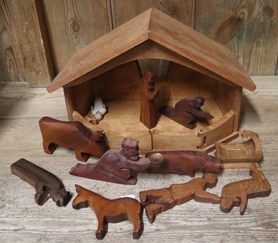 Lot 1530 - Homemade wooden Nativity Scene with figures...