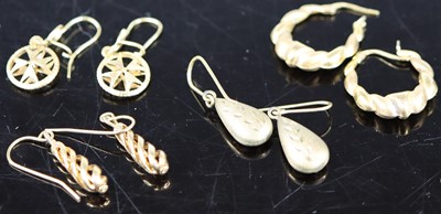 Lot 371 - Four pairs of modern hollow 9ct gold earrings,...