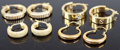 Lot 373 - Four pairs of modern 9ct hollow gold earrings,...