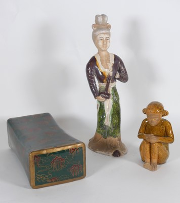 Lot 156 - A Chinese green lacquered pillow, decorated...