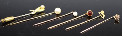 Lot 398 - Six various yellow metal tie-pins, to include...