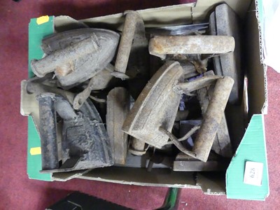 Lot 628 - A box of flat irons 'Sad Irons' (qty)