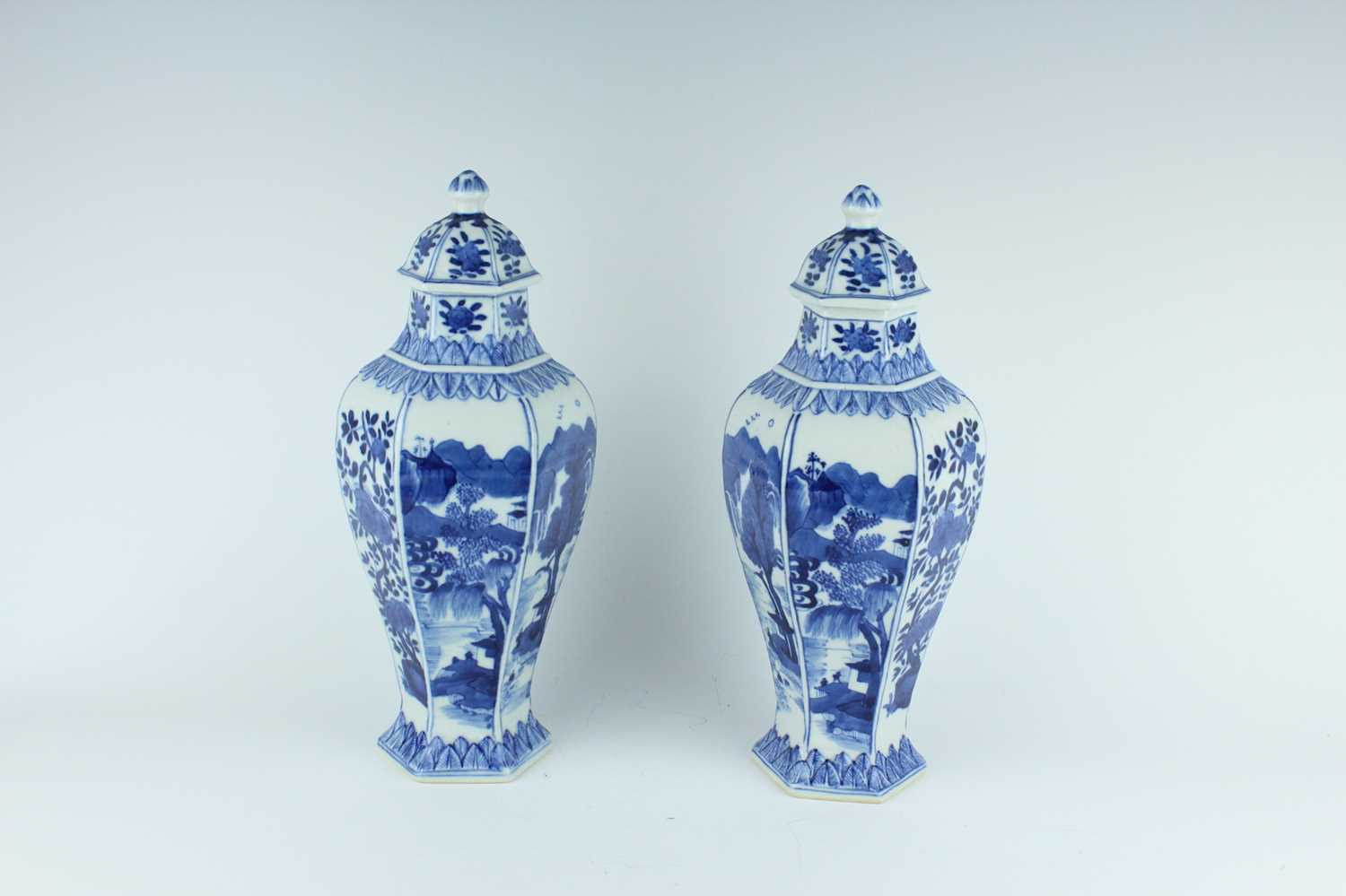 Lot 167 - A pair of Chinese blue and white hexagonal...
