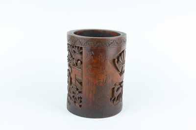 Lot 49 - A Chinese bamboo carved brush pot, 19th...