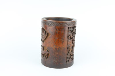 Lot 49 - A Chinese bamboo carved brush pot, 19th...