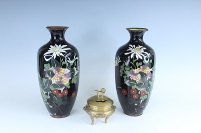 Lot 255 - A pair of Japanese cloisonné enamel vases and...