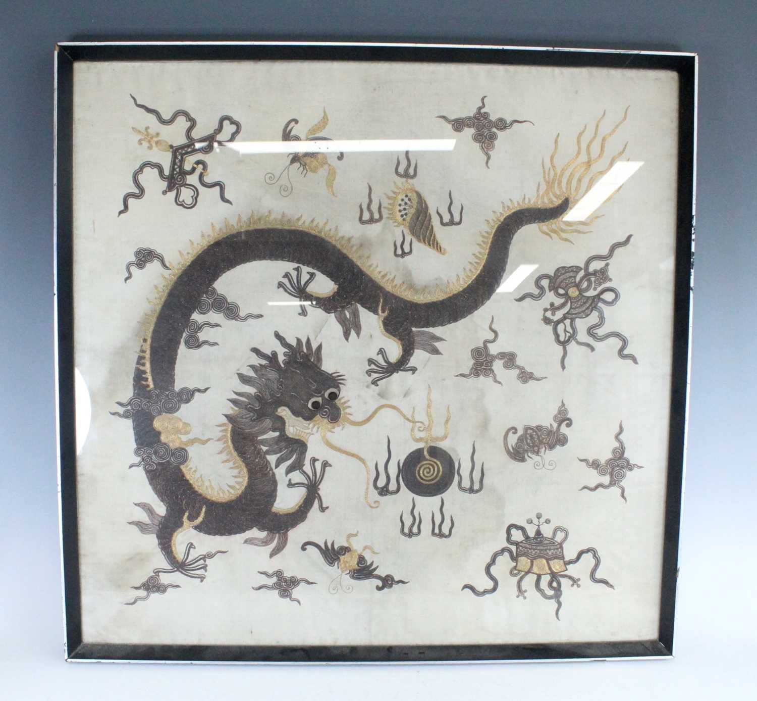 Lot 139 - A Chinese embroidered dragon panel, 20th...