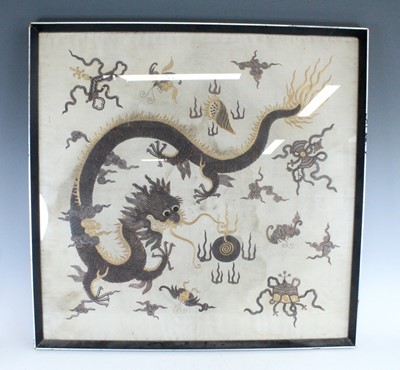 Lot 139 - A Chinese embroidered dragon panel, 20th...