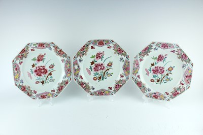 Lot 192 - Three Chinese famille rose octagonal plates,...