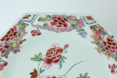 Lot 192 - Three Chinese famille rose octagonal plates,...