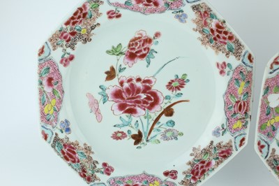 Lot 192 - Three Chinese famille rose octagonal plates,...