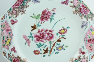 Lot 192 - Three Chinese famille rose octagonal plates,...