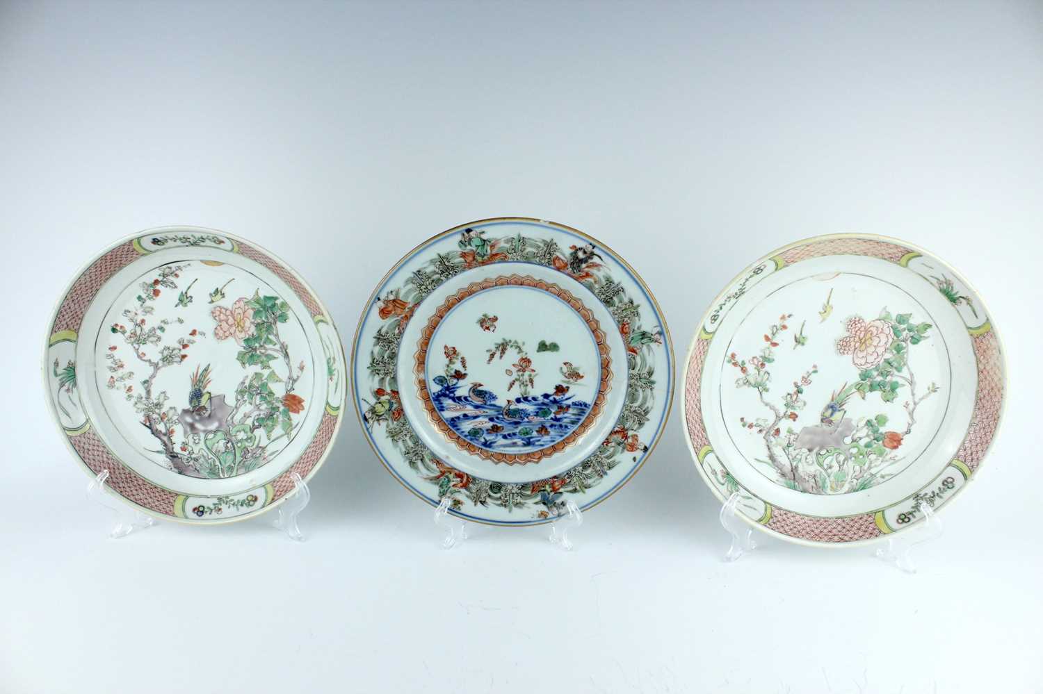 Lot 185 - Three Chinese famille verte plates, Qing...