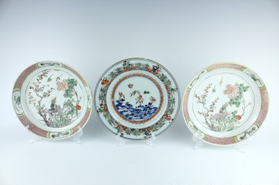 Lot 185 - Three Chinese famille verte plates, Qing...