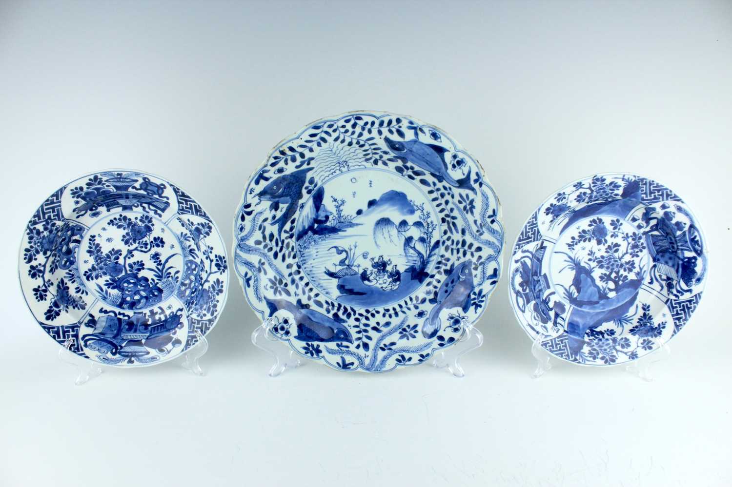 Lot 24 - Three Chinese blue and white dishes, Qing...