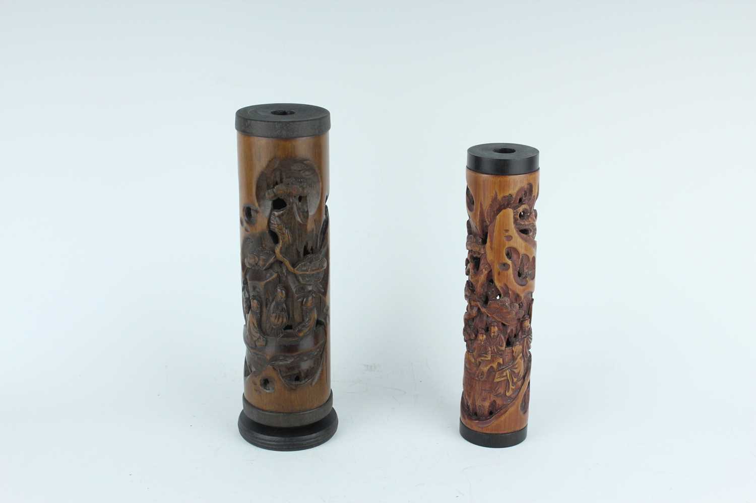 Lot 51 - Two Chinese bamboo carved incense holders,...