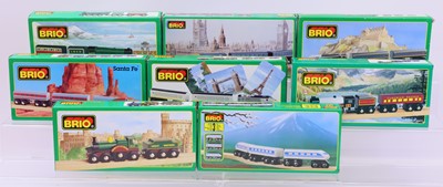 Lot 254 - Eight BRIO wooden locos & wagons or coaches....
