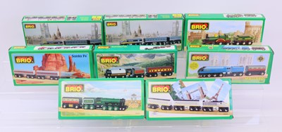 Lot 255 - Eight BRIO wooden locos & wagons or coaches....