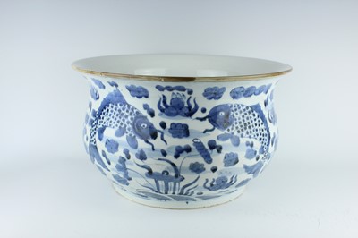 Lot 173 - A large Chinese blue and white fish bowl, 20th...