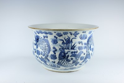 Lot 173 - A large Chinese blue and white fish bowl, 20th...